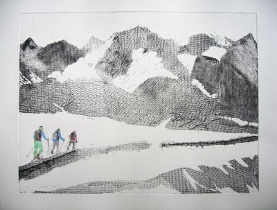 Skiwanderung 40x30 Ätzradierung (Vernis Mou) und Zeichnung
