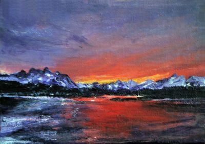 Sonnenuntergang am Fjord  15x10 Acryl auf Leinwand
